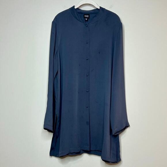 Eileen Fisher Tops - Eileen Fisher 100% Silk Gray Tunic Shirt Size M Mandarin Collar Knot Buttons